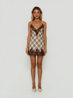 Call My Lover Lace Slip Mini Dress Brown Check