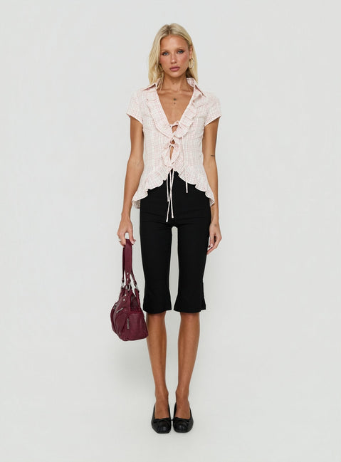Raylynn Frill Detail Short Sleeve Collared Top Pink Check