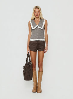 Mayci Collared Lace Trim Top Brown Check