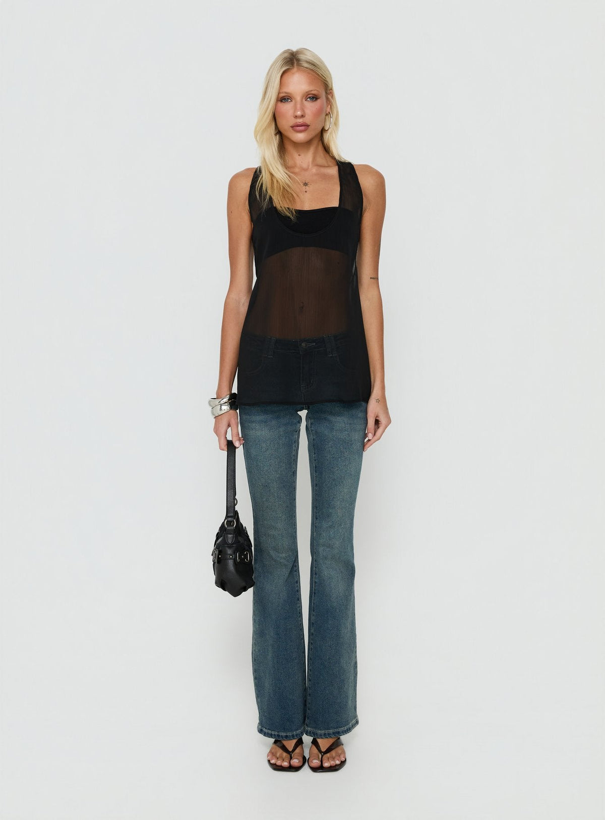 Orelea Sheer Chiffon Racerback Tank Top Black