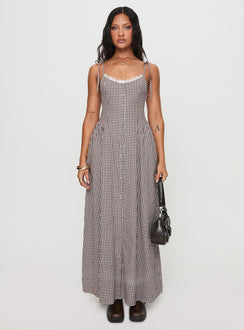 side view of model wearing Princess Polly Dalanie Tie Strap Maxi Dress Brown Gingham Scoop Neck 
