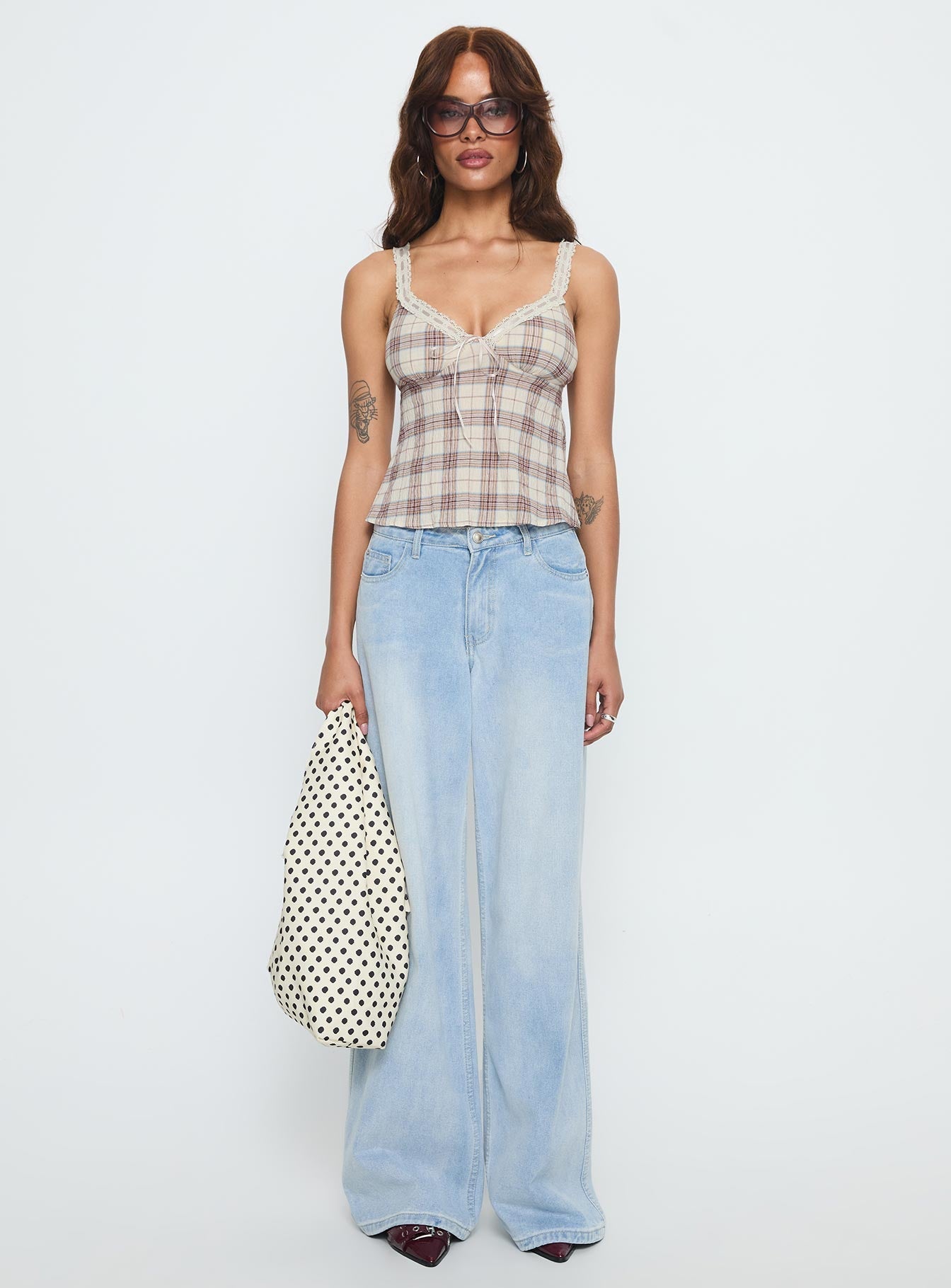 Pretty It Up Tie Detail Top Beige Check