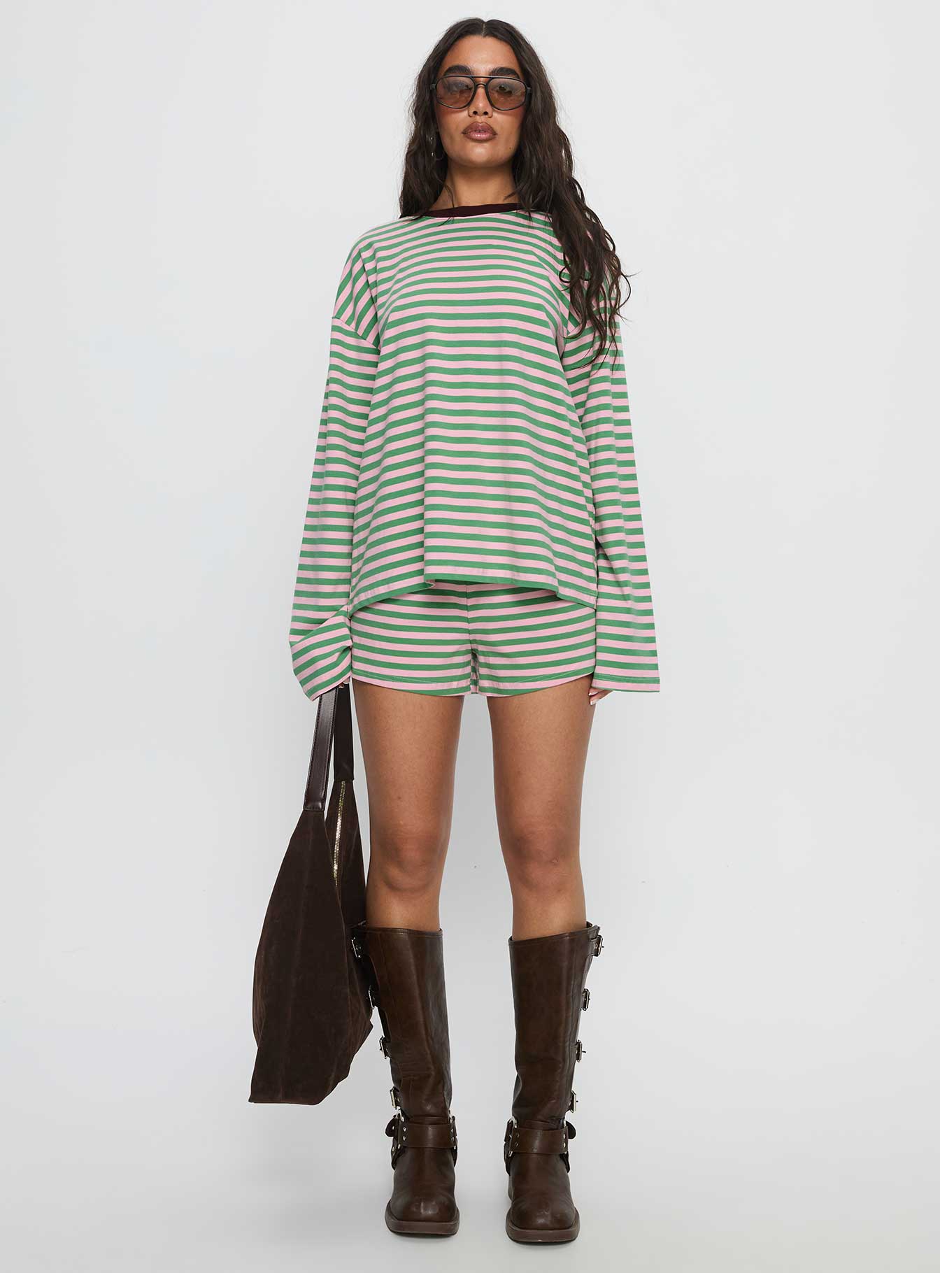 Settle Down Long Sleeve Top Green / Pink Stripe