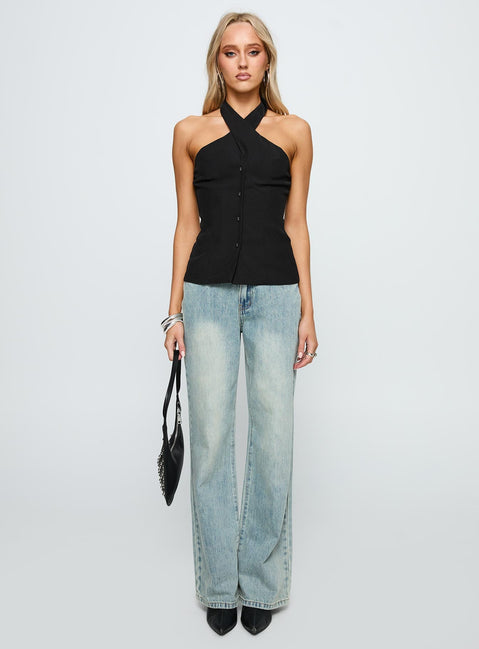 front view of model wearing Princess Polly Light Is Coming Cross Detail Top Black Sleeveless 