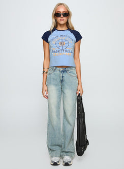 front view of model wearing Princess Polly South West Sports Graphic Top Blue Short Sleeves Crew Neck 