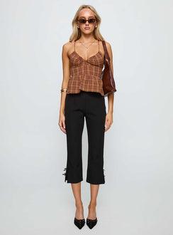 side view of model wearing Princess Polly Croatia Frill Top Brown Check Sleeveless V-Neck 