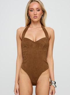 Liander Faux Suede Bodysuit Brown