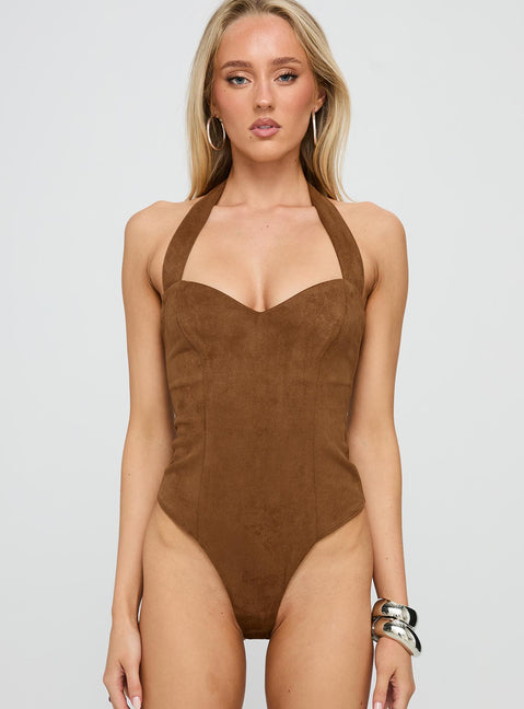 Liander Faux Suede Bodysuit Brown
