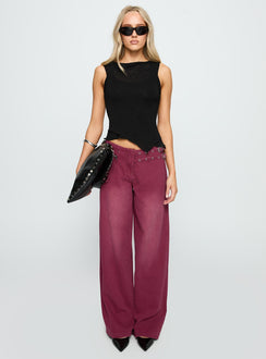side view of model wearing Princess Polly Paltrow Mid Rise Wide Leg Cargo Jeans Washed Burgundy Mid Rise Jeans 