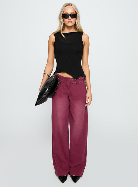 side view of model wearing Princess Polly Paltrow Mid Rise Wide Leg Cargo Jeans Washed Burgundy Mid Rise Jeans 