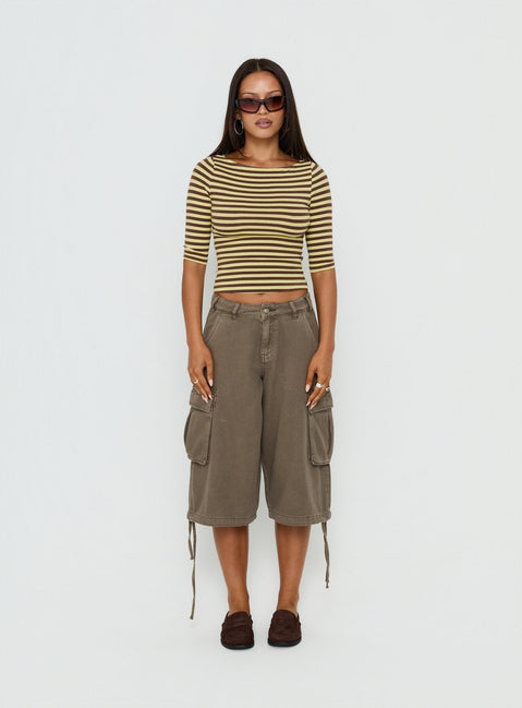 Darling Days 3/4 Sleeve Top Chocolate / Yellow Stripe