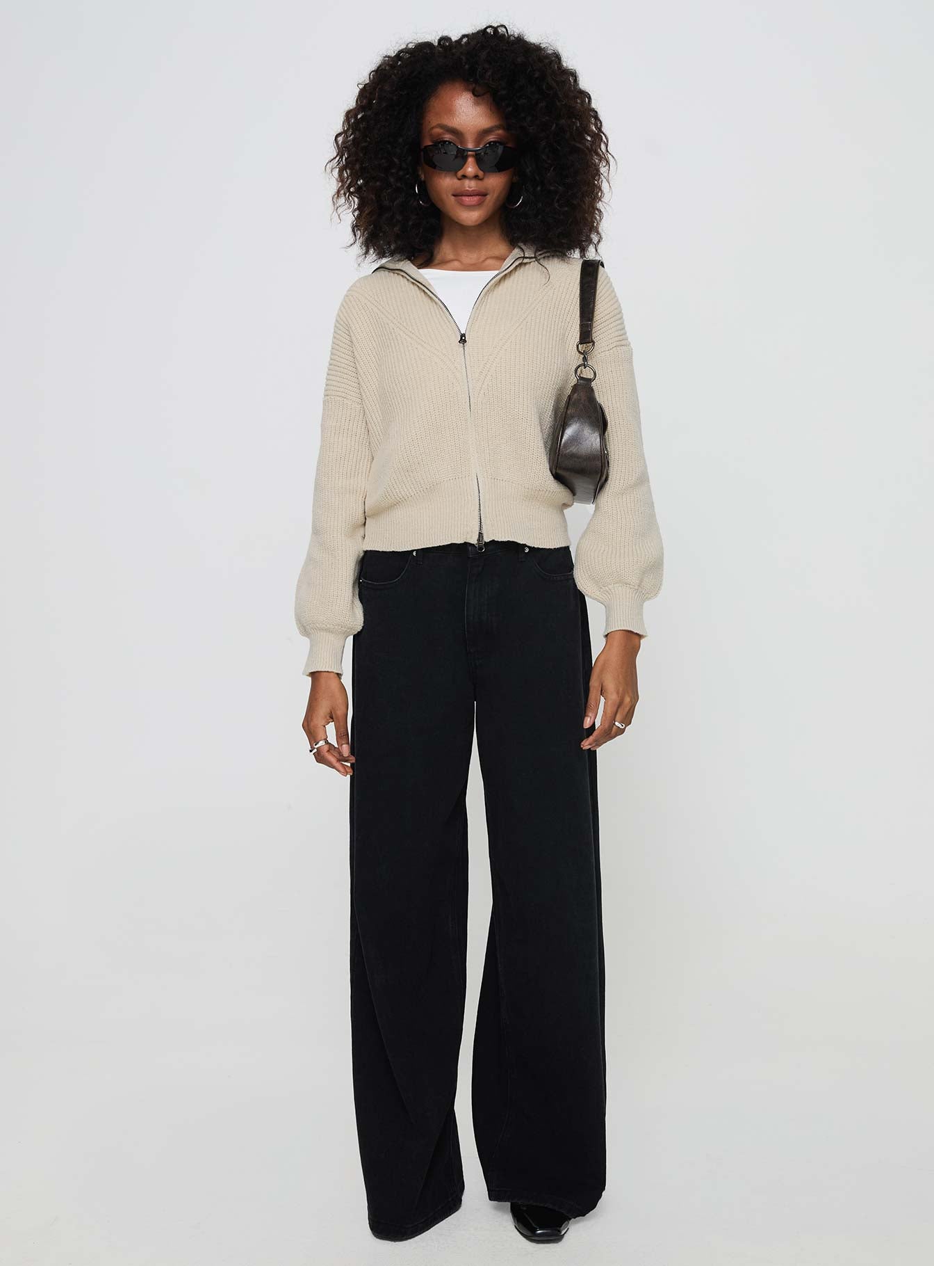 back view of model wearing Princess Polly Merivale Knit Sweater Beige Cropped 