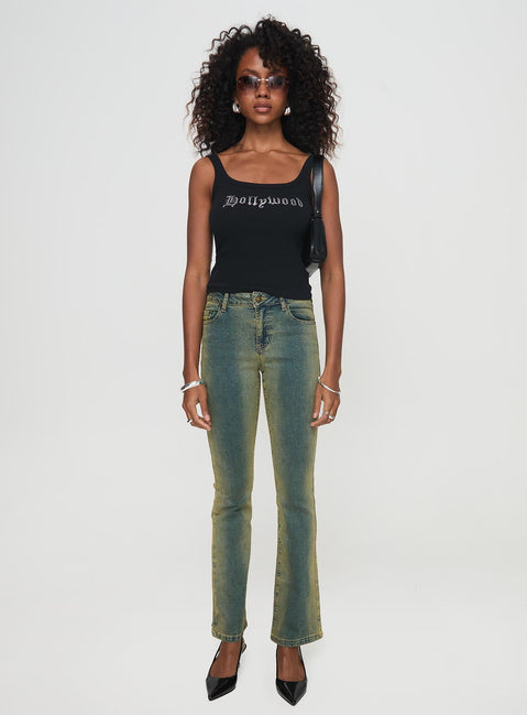 front view of model wearing Princess Polly Sandman Flare Jeans Antique Wash Mid Rise 