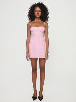front view of model wearing Princess Polly Mckilah Mini Dress Pink Sweetheart Neckline 