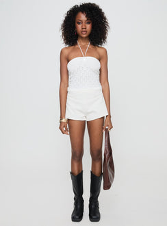 front view of model wearing Princess Polly Grigio Cord Shorts Ivory High Waisted Shorts 