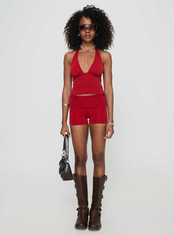 side view of model wearing Princess Polly Take Me Out Halter Top Red Sleeveless Plunger 