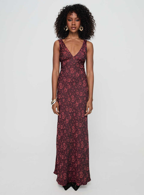 side view of model wearing Princess Polly Nell Jacquard Maxi Dress Burgundy V-Neck 
