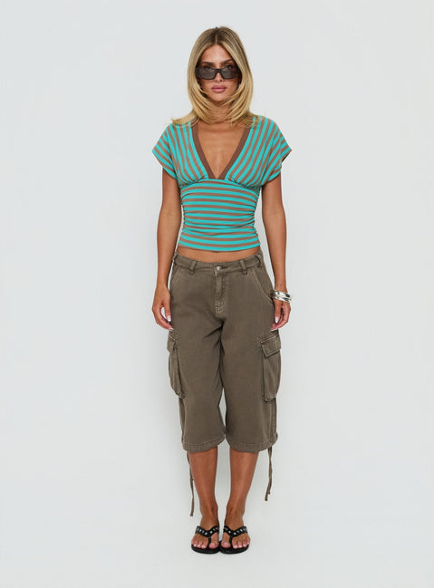 Eleanorre Batwing V Neck Top Blue / Brown Stripe