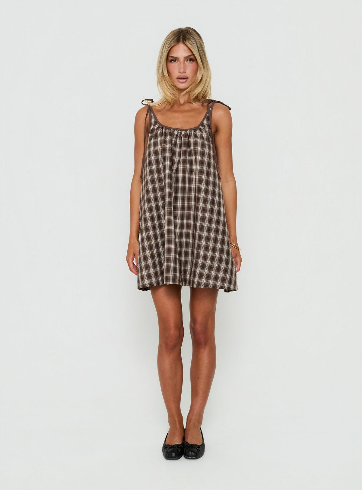 Lucka Babydoll Tie Mini Dress Brown Check