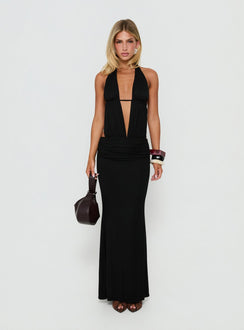 Makeina Backless Plunge Jersey Maxi Dress Black