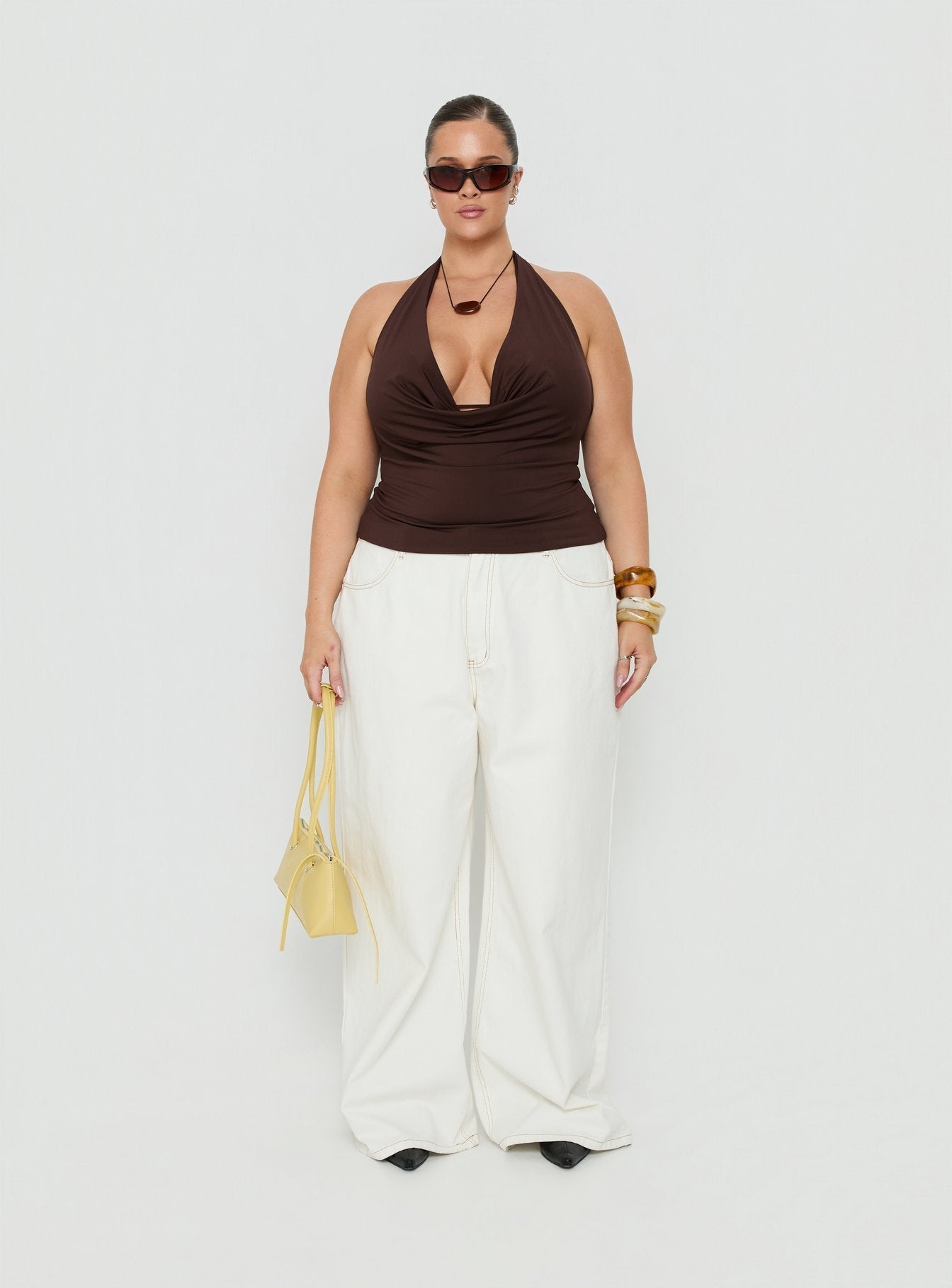 Xylia Plunge Neck Tie Back Top Chocolate Curve