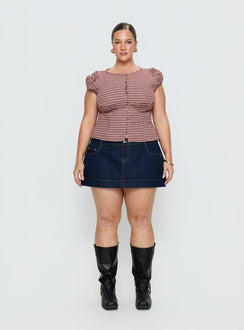 Alixandra Puff Sleeve Blouse Top Red Check Curve