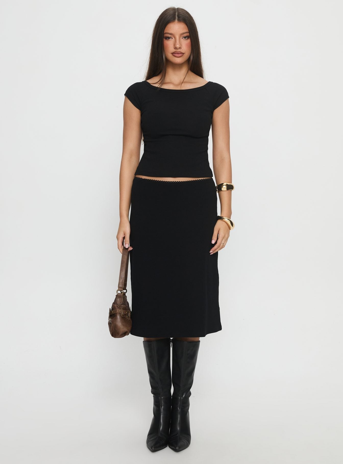   front view of model wearing Princess Polly Baseline Rib Midi Skirt Black Midi Skirts 