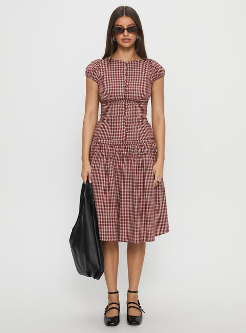   side view of model wearing Princess Polly Alixandra Ruched Midi Skirt Red Check Midi Skirts 