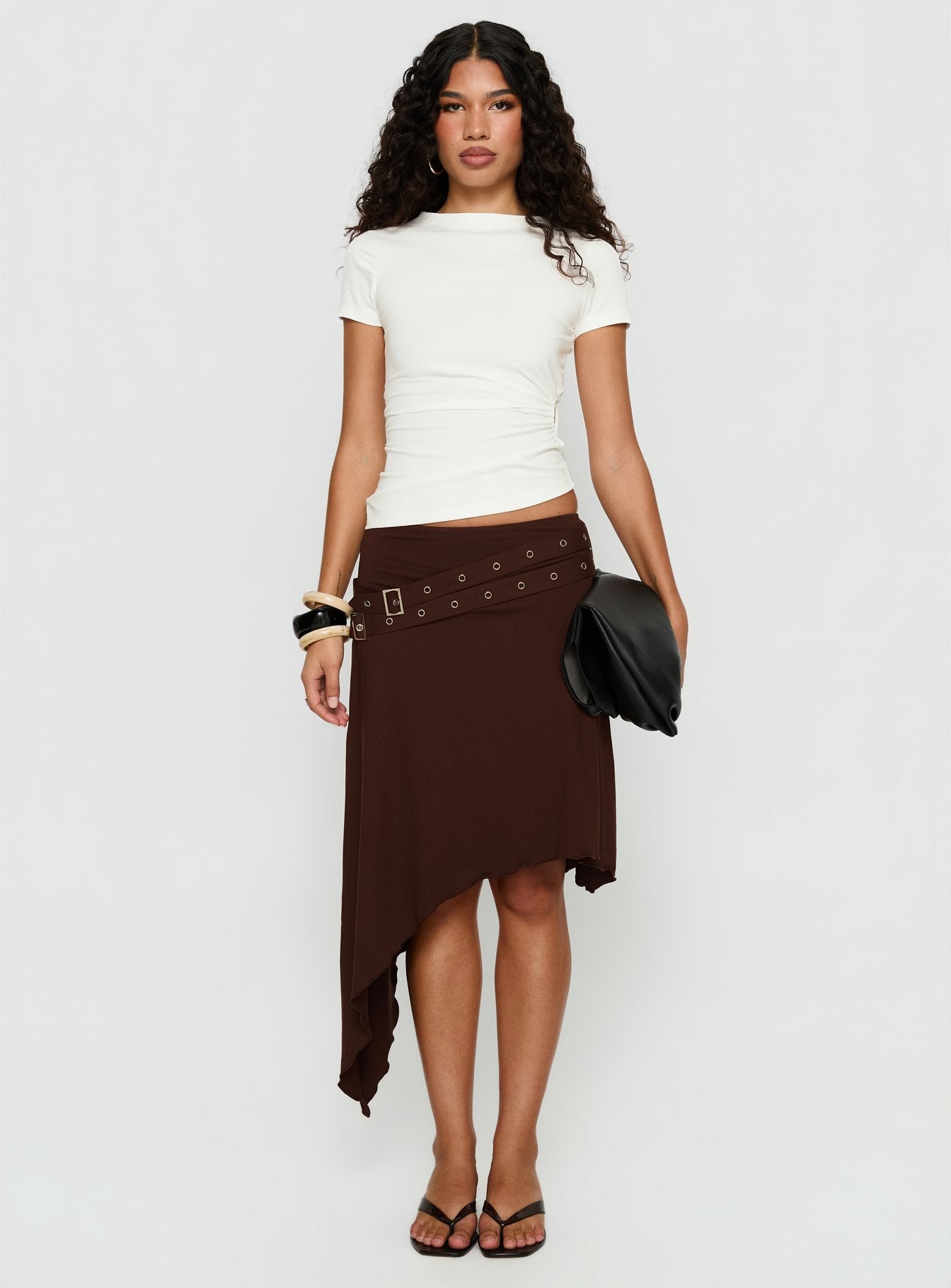 Lorensa Double Buckle Asymmetrical Midi Skirt Brown