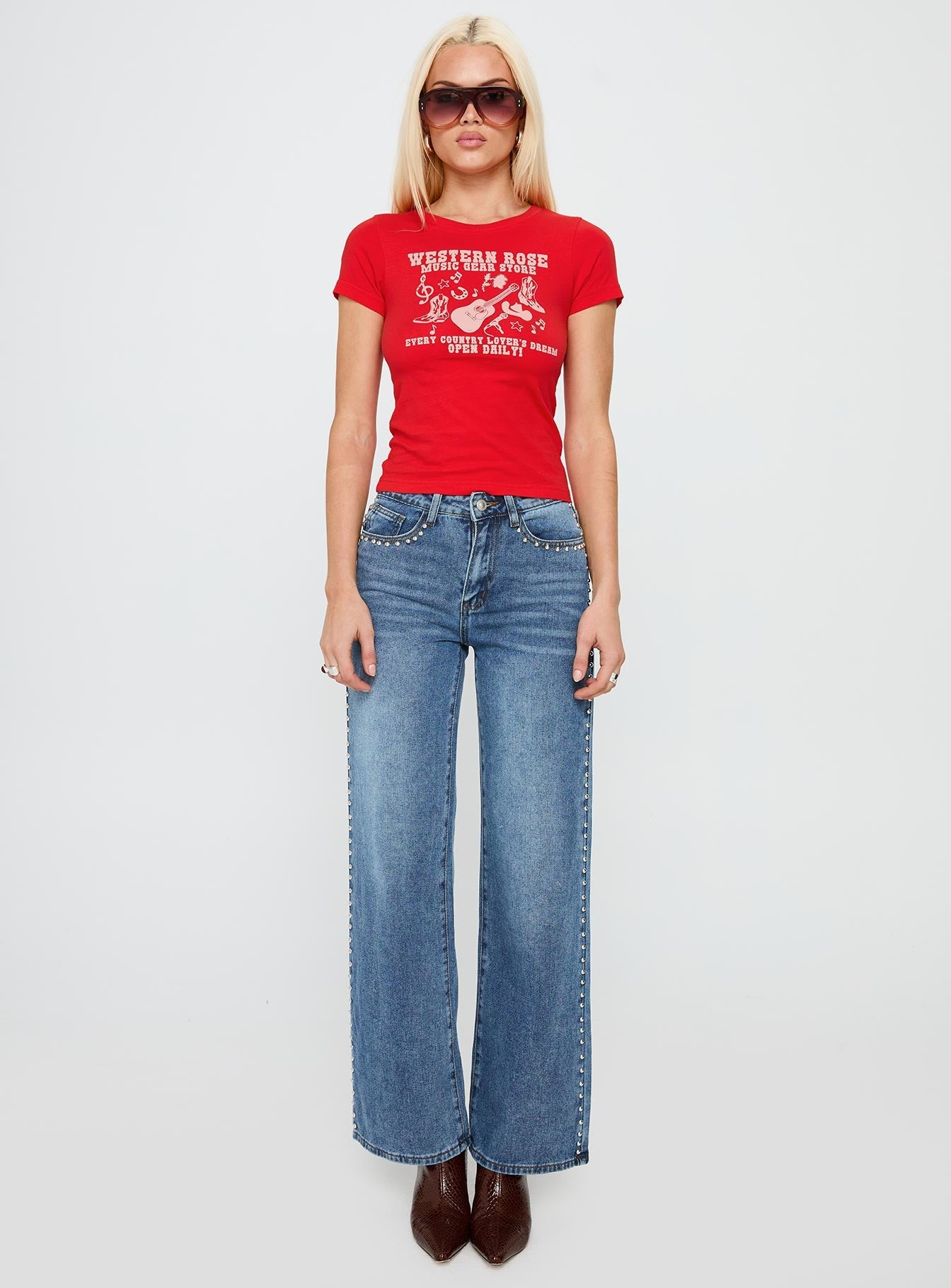 Western Rose Graphic Top Red