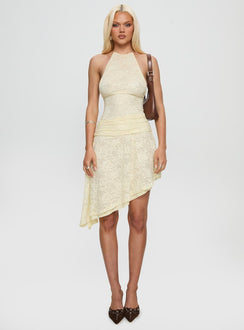 Emmalie Lace Asymmetrical Midi Dress Butter Yellow