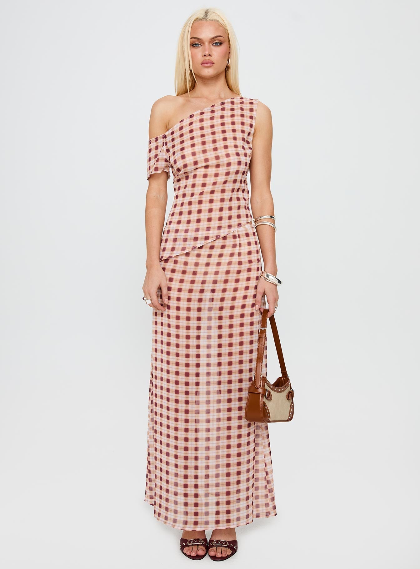   front view of model wearing Princess Polly Surina Skirt Peach Check Maxi 