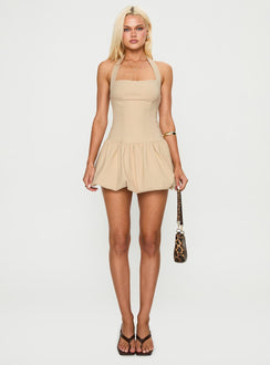 front view of model wearing Princess Polly Gigli Bubble Hem Mini Dress Beige Square Neck 