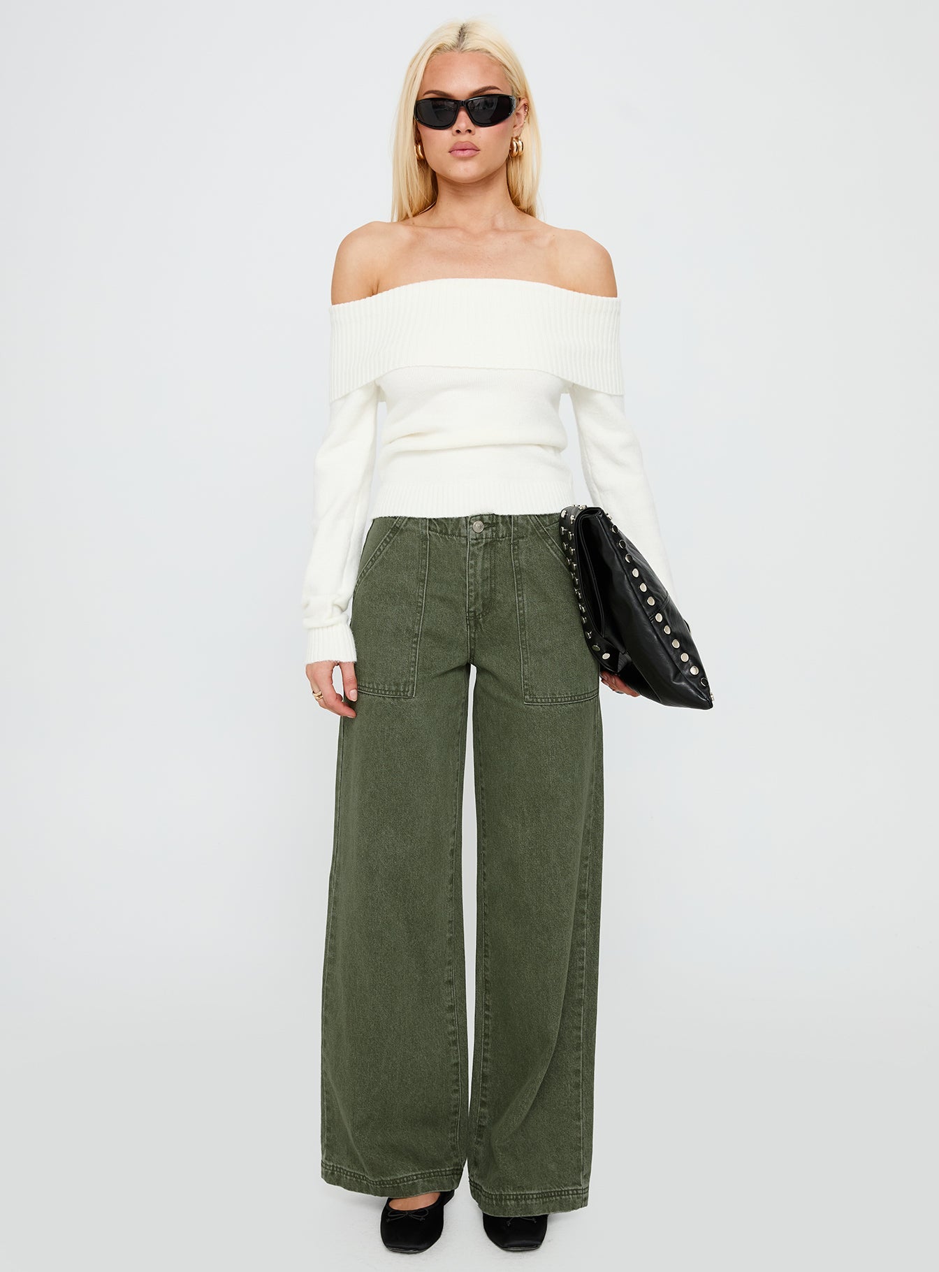 Melikah Mid Rise Baggy Cargo Jeans Green Wash