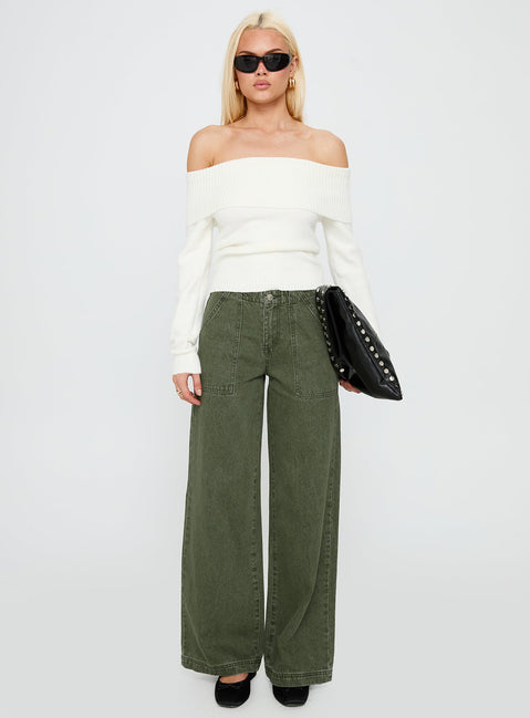 Melikah Mid Rise Baggy Cargo Jeans Green Wash