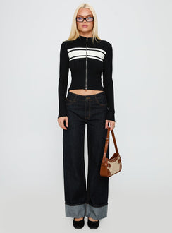 side view of model wearing Princess Polly Decisive Zip Through Knit Sweater Black / White cropped 