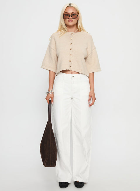 side view of model wearing Princess Polly Verina Short Sleeve Knit Cardigan Oat cropped 