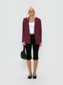 Crowd Pleaser Pinstripe Oversized Blazer Burgundy Pinstripe