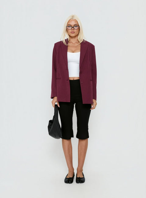 Crowd Pleaser Pinstripe Oversized Blazer Burgundy Pinstripe