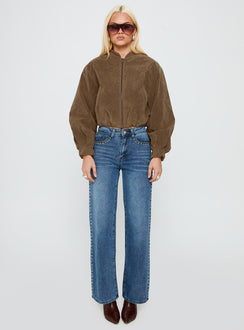 side view of model wearing Princess Polly Saving Up Stud Detail Jeans Mid Blue Mid Rise 