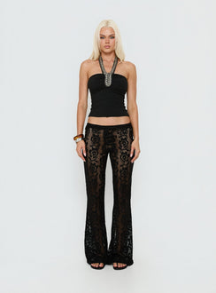 side view of model wearing Princess Polly Rosadonna Lace Flare Pants Black Low Rise Pants 