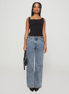 front view of model wearing Princess Polly Lallina Top Black Sleeveless Square Neck 