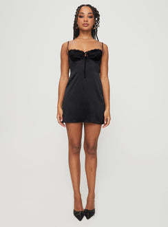 front view of model wearing Princess Polly Glitterberry Mini Dress Black Sweetheart Neckline 