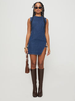 front view of model wearing Princess Polly Eilein Sculpted Denim Mini Dress Dark Wash Crew Neck 