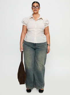 front view of model wearing Princess Polly Deserve You Puff Sleeve Button Front Top Cream Stripe Curve Short Sleeves V-Neck 