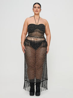   front view of model wearing Princess Polly Alnet Maxi Skirt Black Curve Maxi 