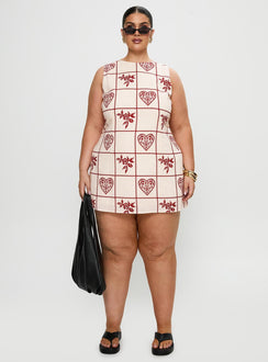 side view of model wearing Princess Polly Alfalfa Shift Mini Dress Red Floral Check Curve Crew Neck 