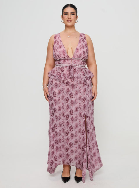   front view of model wearing Princess Polly Nikolise Maxi Skirt Purple Curve Maxi 