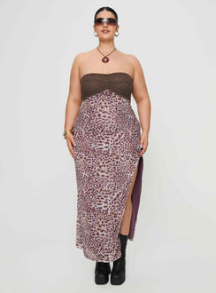 front view of model wearing Princess Polly Raidein Strapless Maxi Dress Leopard Curve Sweetheart Neckline 