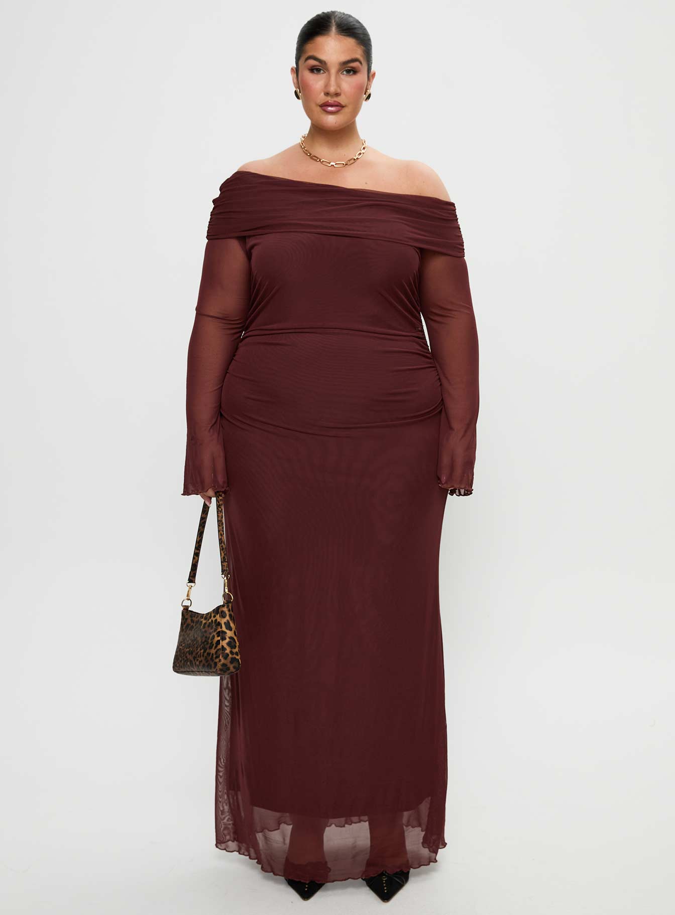 front view of model wearing Princess Polly Consideration Maxi Dress Chocolate Curve Straight Neck 